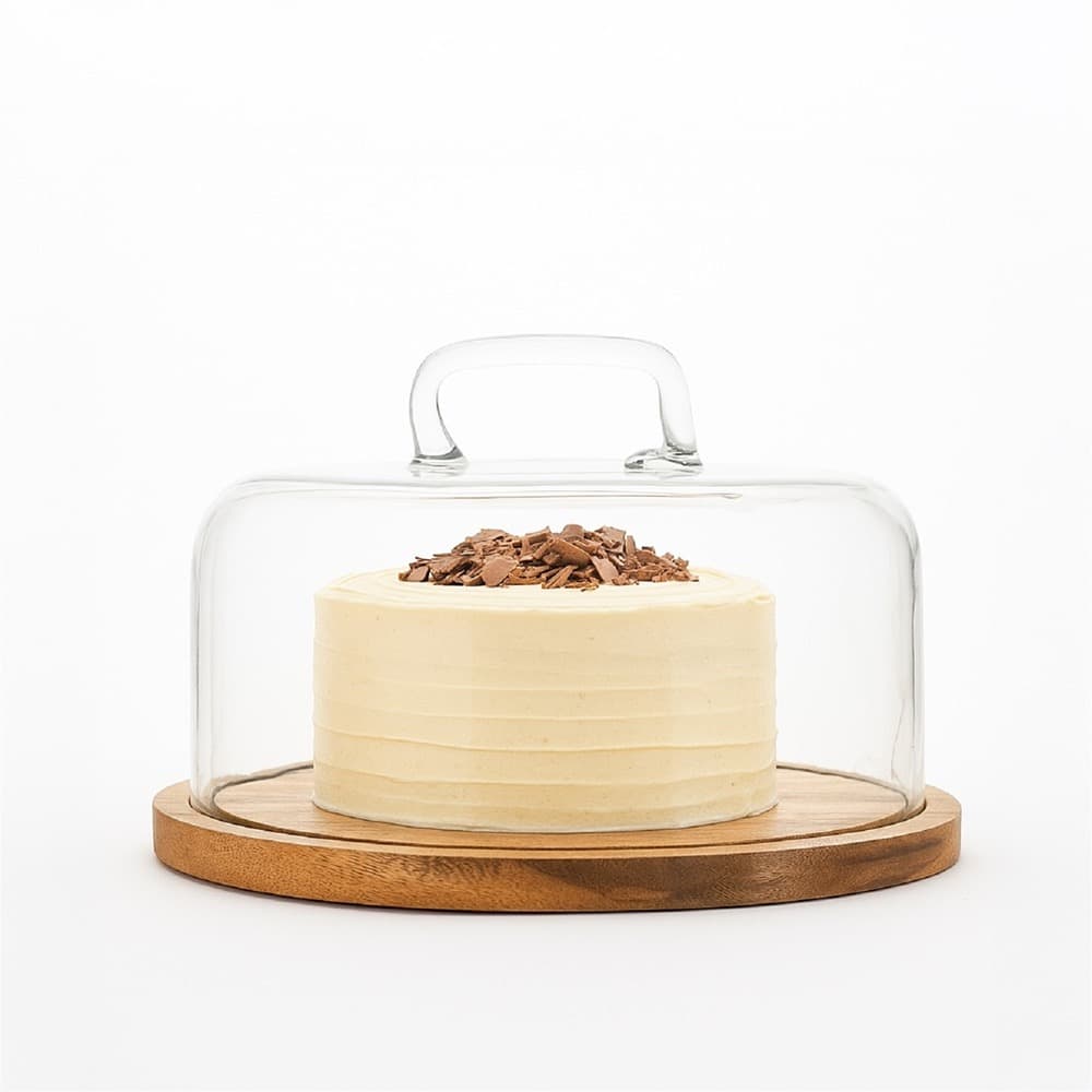 Glass Cake Cover with Wood Bottom - NATURAL