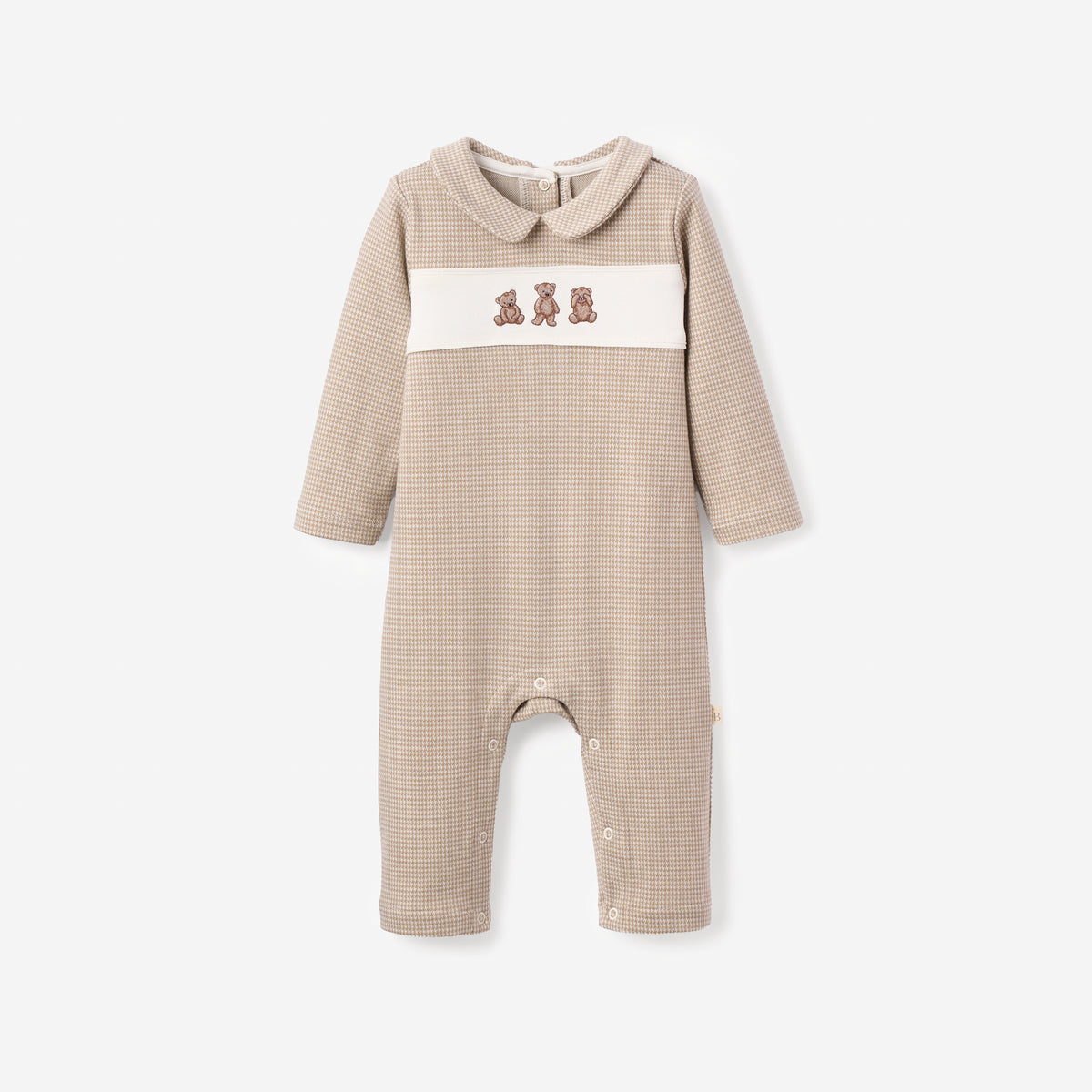 3-6M Teddy Bear Embroidered Houndstooth Jumpsuit