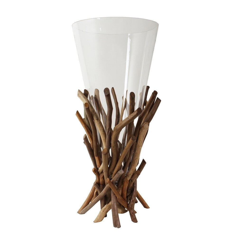 Vase Glass Driftwood Pedestal Vitex Parviflora Med - Natural