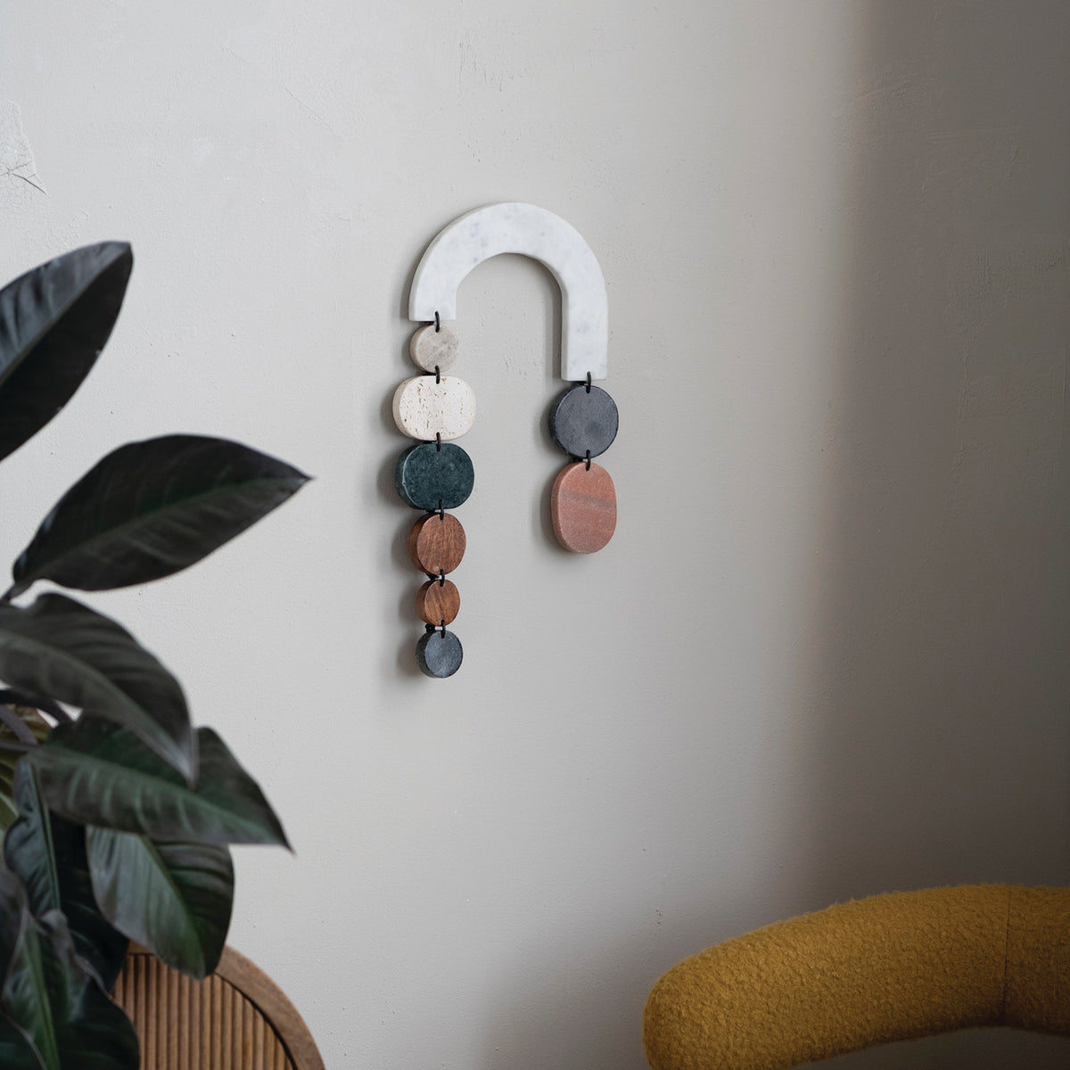 Marble, Acacia Wood & Travertine Wall Hanging with Leather Ties