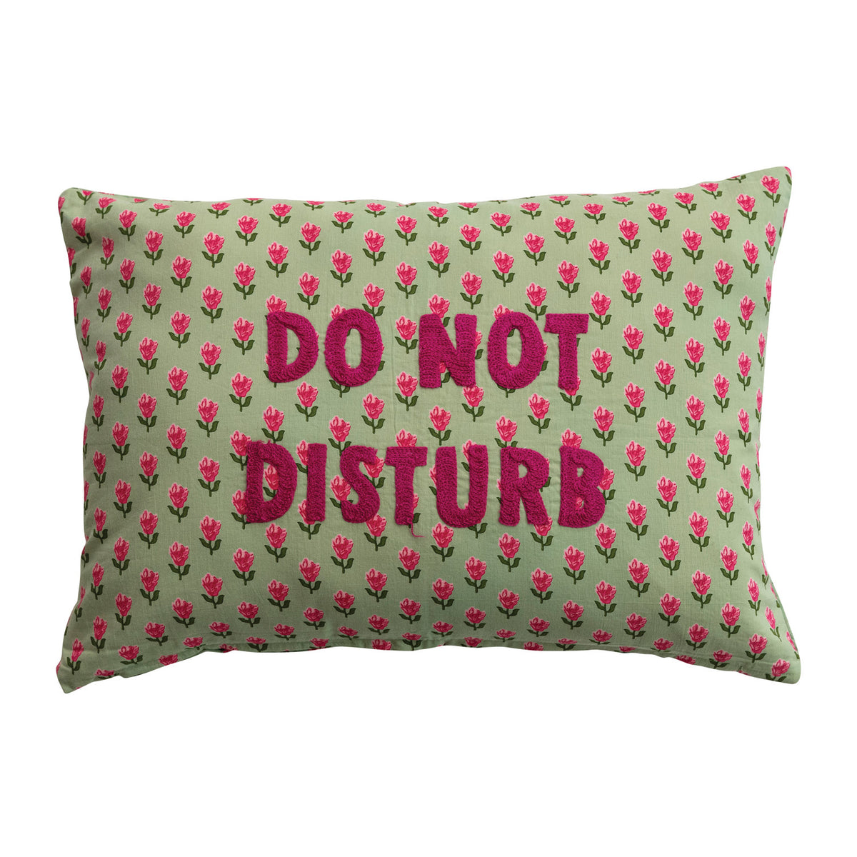 Cotton Voile Lumbar Pillow with Floral Pattern & Embroidery "Do Not Disturb"