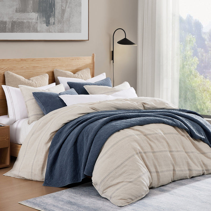 100% European Flax Linen Variegated Stripe Duvet Cover Set, Full/Queen, Natural/Light Blue, 3PC Natural/Light Blue, Duvet Cover Set, Full/Queen