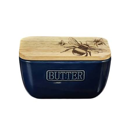 Bee Oak & Ceramic Butter Dish - Blue