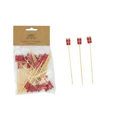 Bamboo Single Use Picks w/ Gift Shaped Handles, Natural & Red