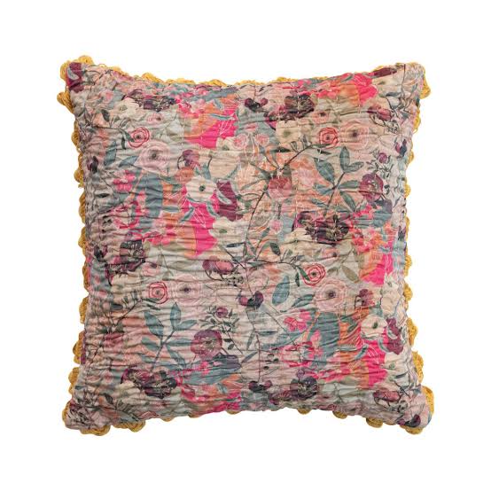 Velvet Printed Pillow w/ Hand-Embroidered Kantha Stitch