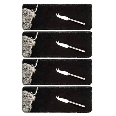 4 Highland Cow Mini Slate Cheese Board & Knife Sts