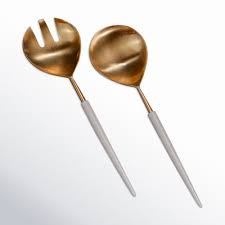Set of 2 Gold Salad Servers w/ White Resin Handles in Giftbox - Gold & White