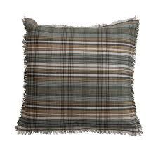 20"Square Woven Linen & Cotton Pillow with Plaid Pattern & Eyelash