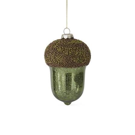 5.5 Inch Green Mercury Glass Acorn Ornament w/Glittered Beaded Top