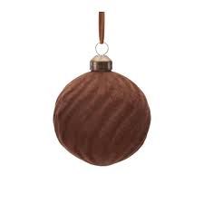 6 Inch Brown Flocked Glass Ribbed Round Ornament