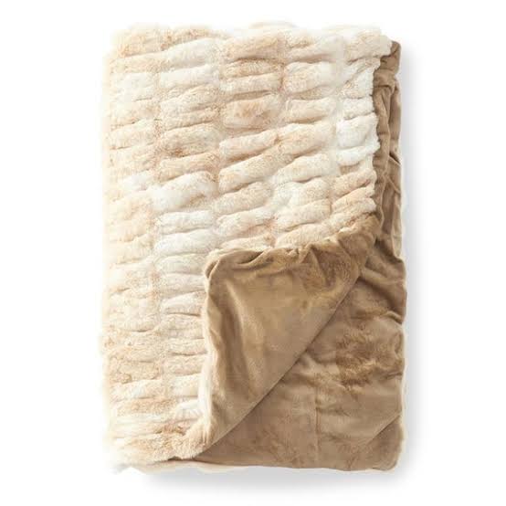 60 Inch Cream & Tan Ribbed Vegan Fur Throw
