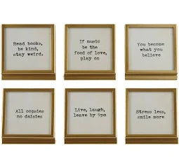 Metal & Glass Framewith Easel & Saying,Gold Finish,6 Styles In Stock