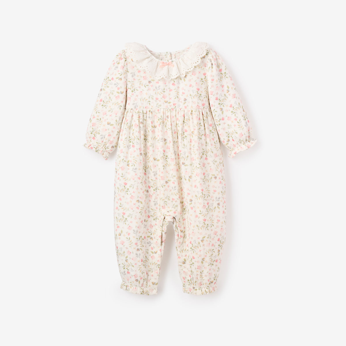 3-6M Fairytale Floral Organic Muslin Jumpsuit w/Eyelet Lace Collar