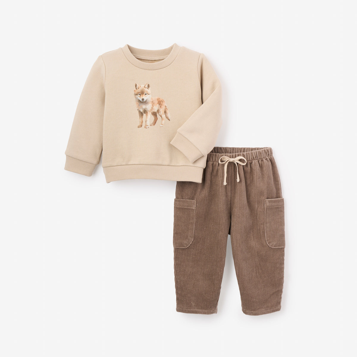 12-18M Wolf Screen print Organic Cotton Fleece Pullover + Corduroy Cargo Pants