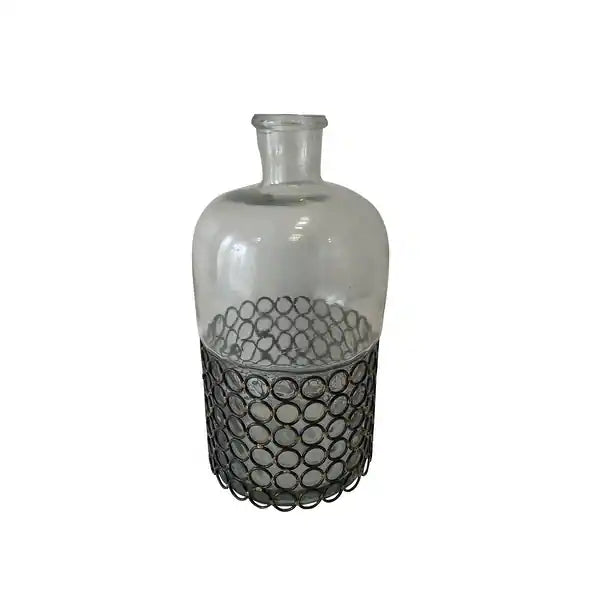 Decorative Glass Bottle Vase Dia 7" - Black & Gray
