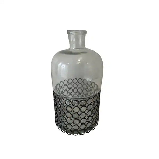 Decorative Glass Bottle Vase Dia 7" - Black & Gray