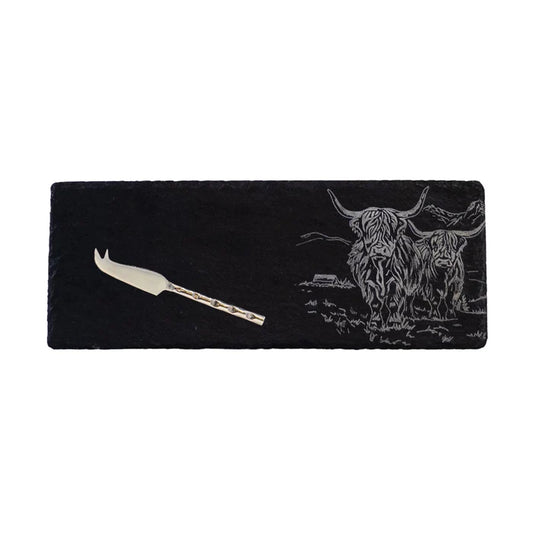 Single Mini Slate Cheese Board & Knife Set - Scenic Highland Cow