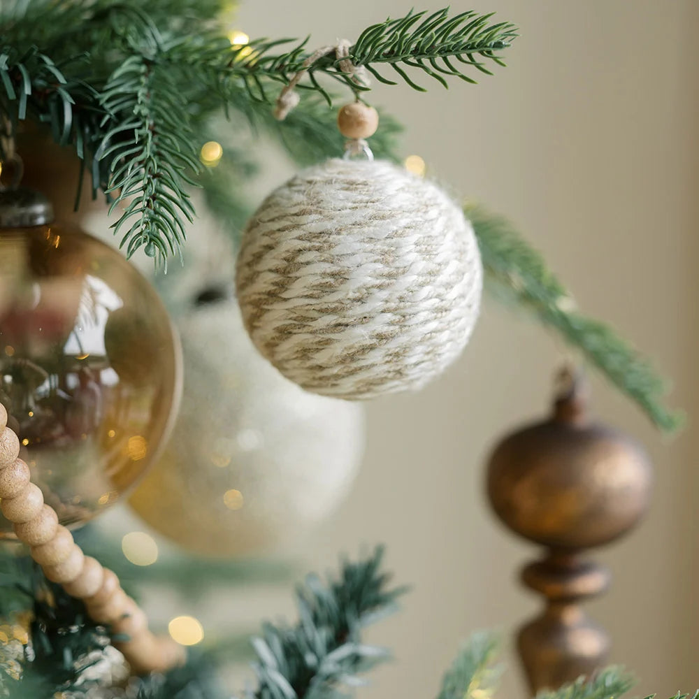 4.5 Inch White Velvet & Natural Grass Woven Ball Ornament