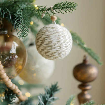 4.5 Inch White Velvet & Natural Grass Woven Ball Ornament