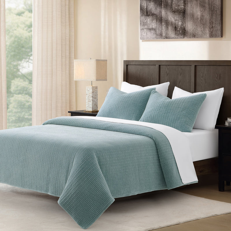 Stonewashed Cotton Velvet Quilt Set, King/Cal King, Dusty Aqua, 3PC Dusty Aqua, Quilt Set, King/Cal King