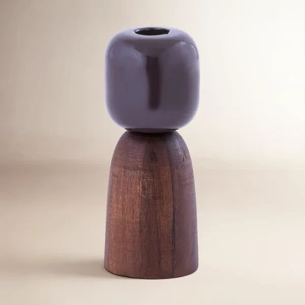Candle Holder w/Top and Bottom in Wood & Mid Metal - Brique