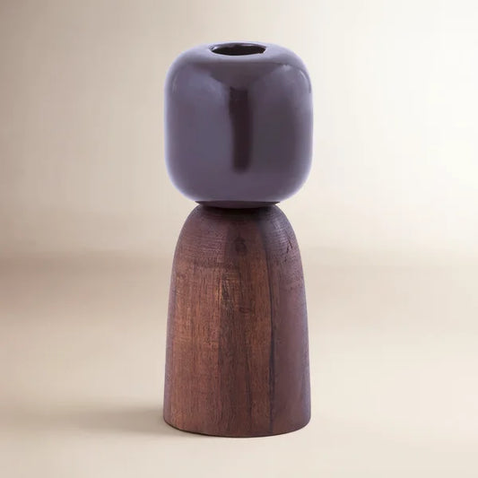 Candle Holder w/Top and Bottom in Wood & Mid Metal - Brique