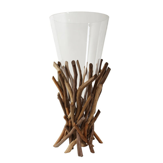 Vase Glass Driftwood Pedestal Vitex Parviflora Med - Natural