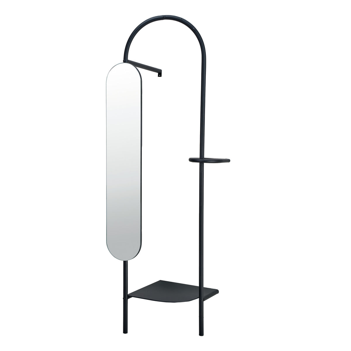 Metal Wall Dressing Mirror w/ 3 Hooks,2 Rods & 1 Shelf,Black,KD In Stock