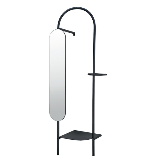 Metal Wall Dressing Mirror w/ 3 Hooks,2 Rods & 1 Shelf,Black,KD In Stock