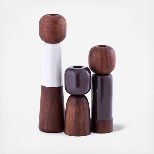 Candle Holder with Top & Bottom in Wood & Mid Metal - Brique
