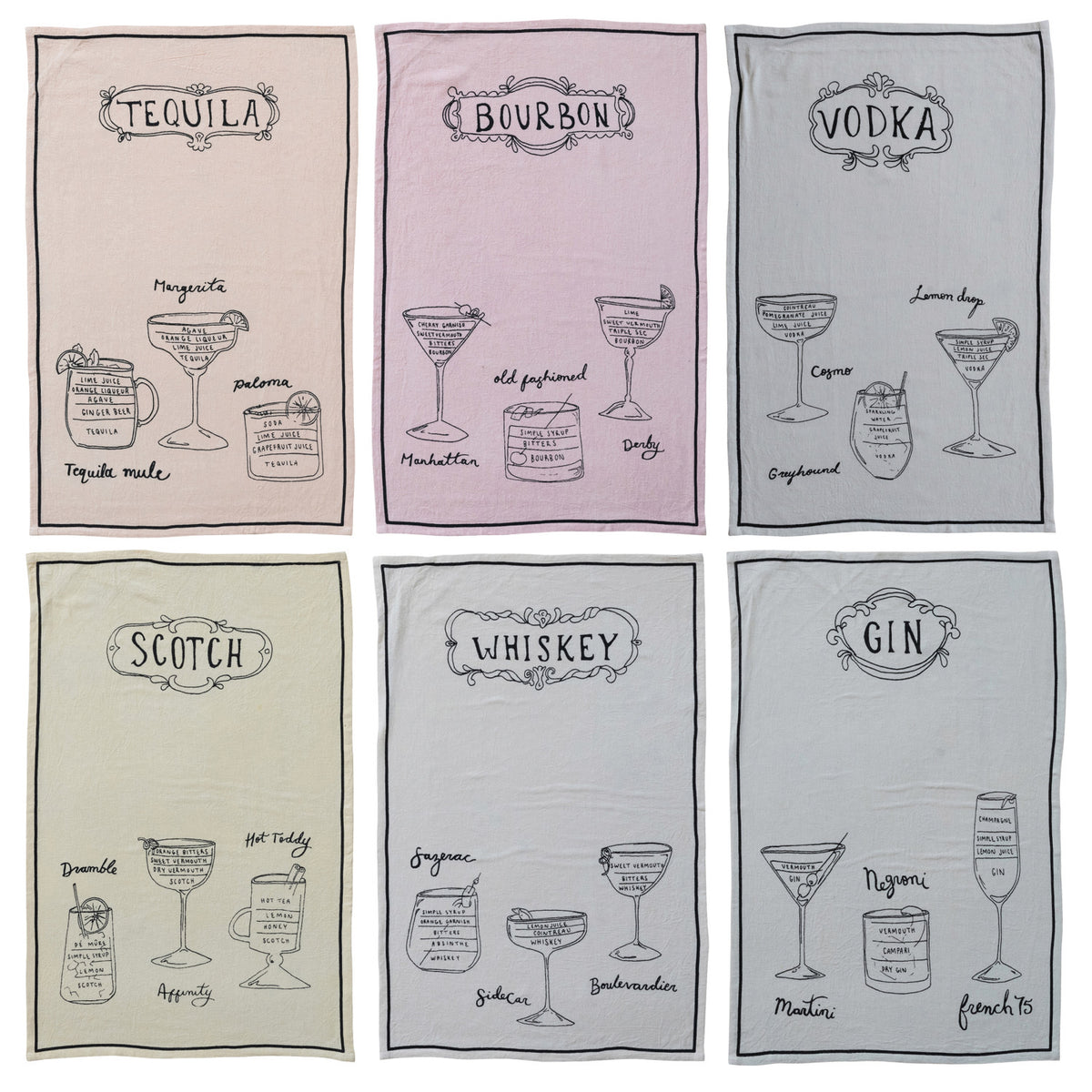 Linen Blend Tea Towel with Cocktail Recipes & Art,6 Styles