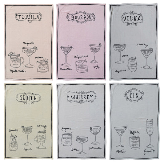 Linen Blend Tea Towel with Cocktail Recipes & Art,6 Styles
