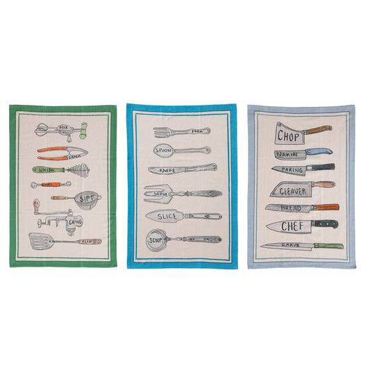 Cotton Chambray Printed Tea Towel w/ Kitchen Utensils/Tools 3 Styles
