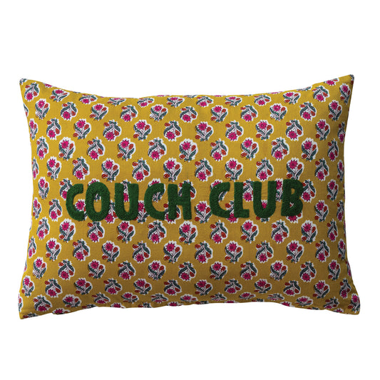 Cotton Voile Lumbar Pillow with Floral Pattern & Embroidery with "Couch Club"