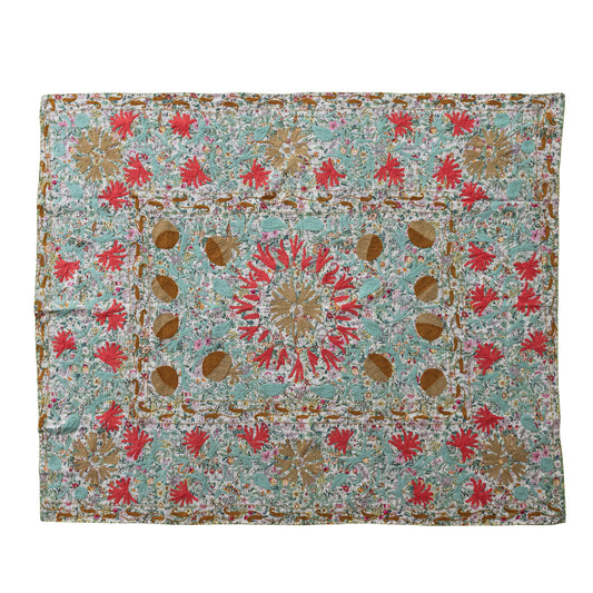 Stonewashed Cotton Voile Two-Sided Throw with Suzani Pattern & Hand-Embroidered Kantha Stitch