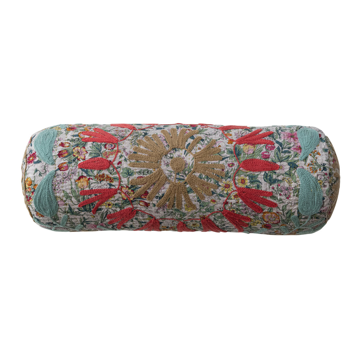 Stonewashed Cotton Voile Bolster Pillow with Suzani Pattern & Hand-Embroidered Kantha Stitch