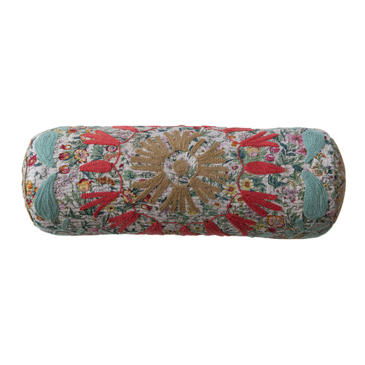 Stonewashed Cotton Voile Bolster Pillow with Suzani Pattern & Hand-Embroidered Kantha Stitch