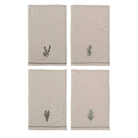 Cotton Tea Towelwith Embroidered Herbs & Trim,4 In Stock