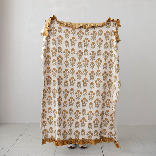 60"Lx 50"W Cotton Slub Printed Throw with Velvet Ruffle