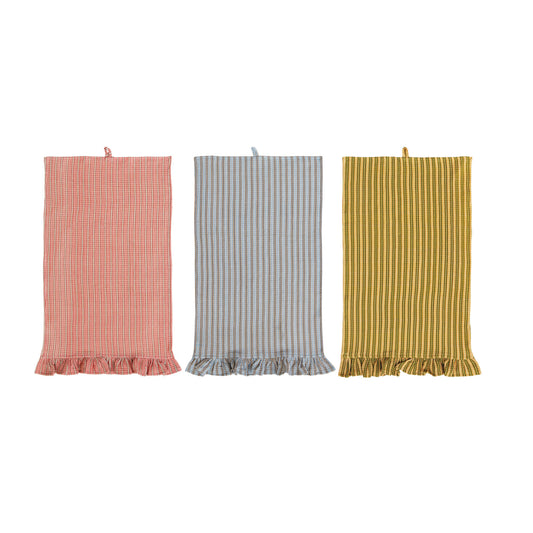 Cotton Printed Waffle Weave Striped Tea Towel with Ruffle,3 Styles
