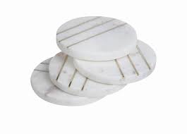 Set of 4Round Marble w/Brass Coasters Opal White