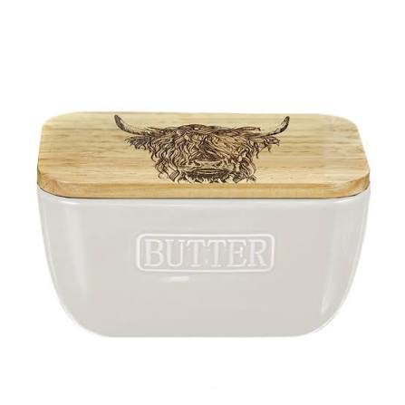 Highland Cow Oak & Ceramic Butter Dish - White