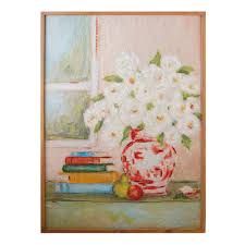 Wood Framed Canvas Wall Decor with Flowers in Vase & Books