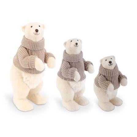 Set of 3 Cream Fur Polar Bears in Taupe Sweaters