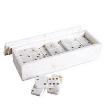 White Marble Dominoes Set W/Brass Dots Inlay - White / Gold