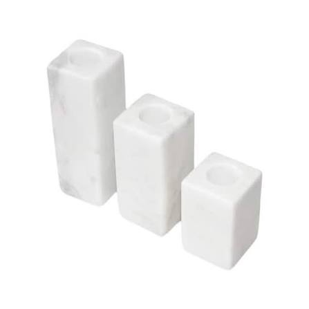 Set of 3 White Marble Taper Candle Holders - White
