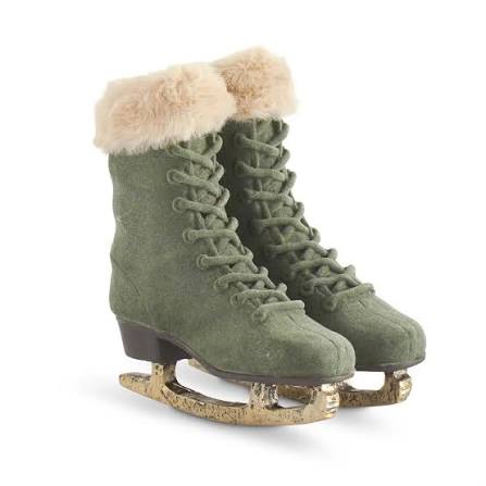 7 Inch Sage Green Velvet Ice Skates w/Beige Vegan Fur Trim