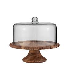 Acacia Wood Beaded Footed Cake Plate w/Glass Dome Lg - Natural