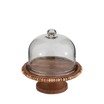 Acacia Wood Beaded Footed Cake Plate w/Glass Dome Sm - Natural
