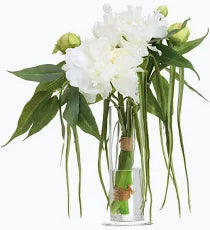 18"H PEONY/GRASS BOUQUET IN GLASS VASE